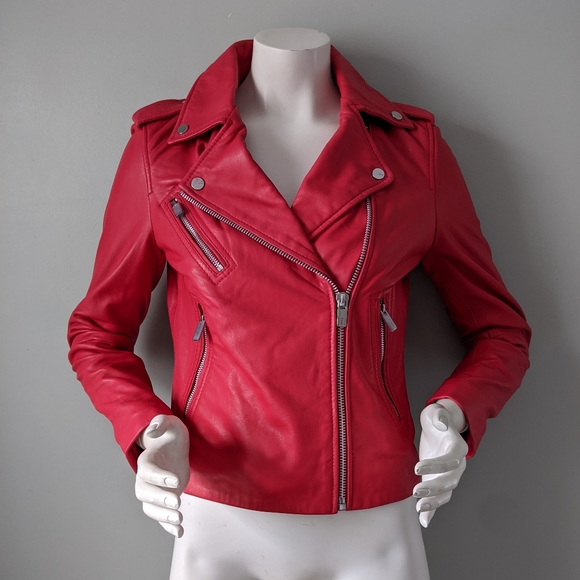 Mango Fire Engine Red Leather Motorcycle Jacket S - Picture 6 of 10